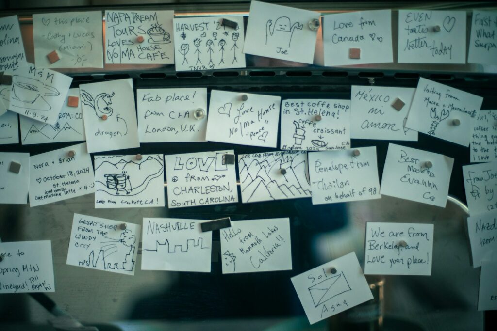 A bunch of post it notes attached to a wall